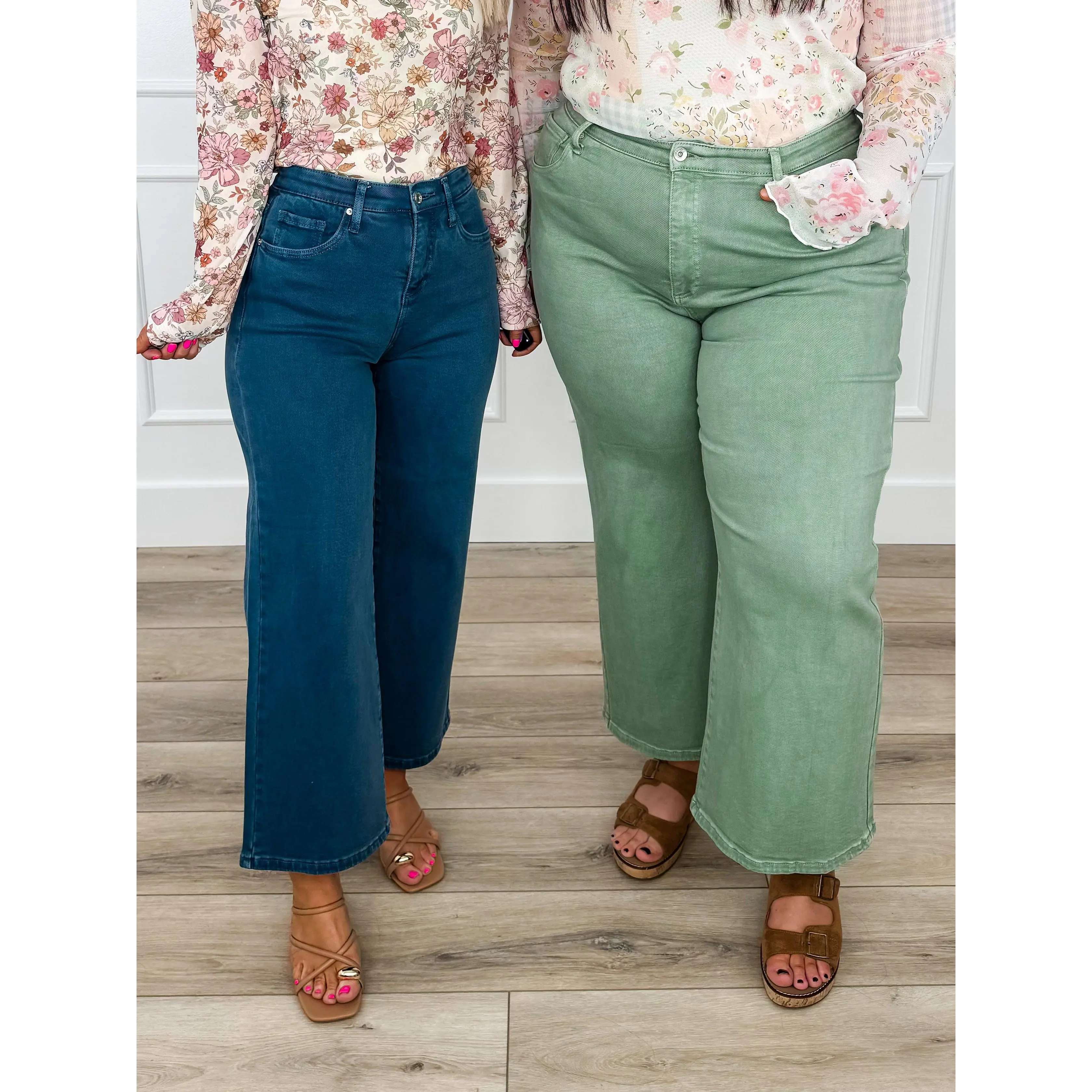 Women's High-Waisted Wide Leg Cropped Tummy Control Stretch Jeans - Soft Polyester-Elastane Denim, Plus Size Option, High Waisted Wide Leg Jeans, Cropped Flare Jeans