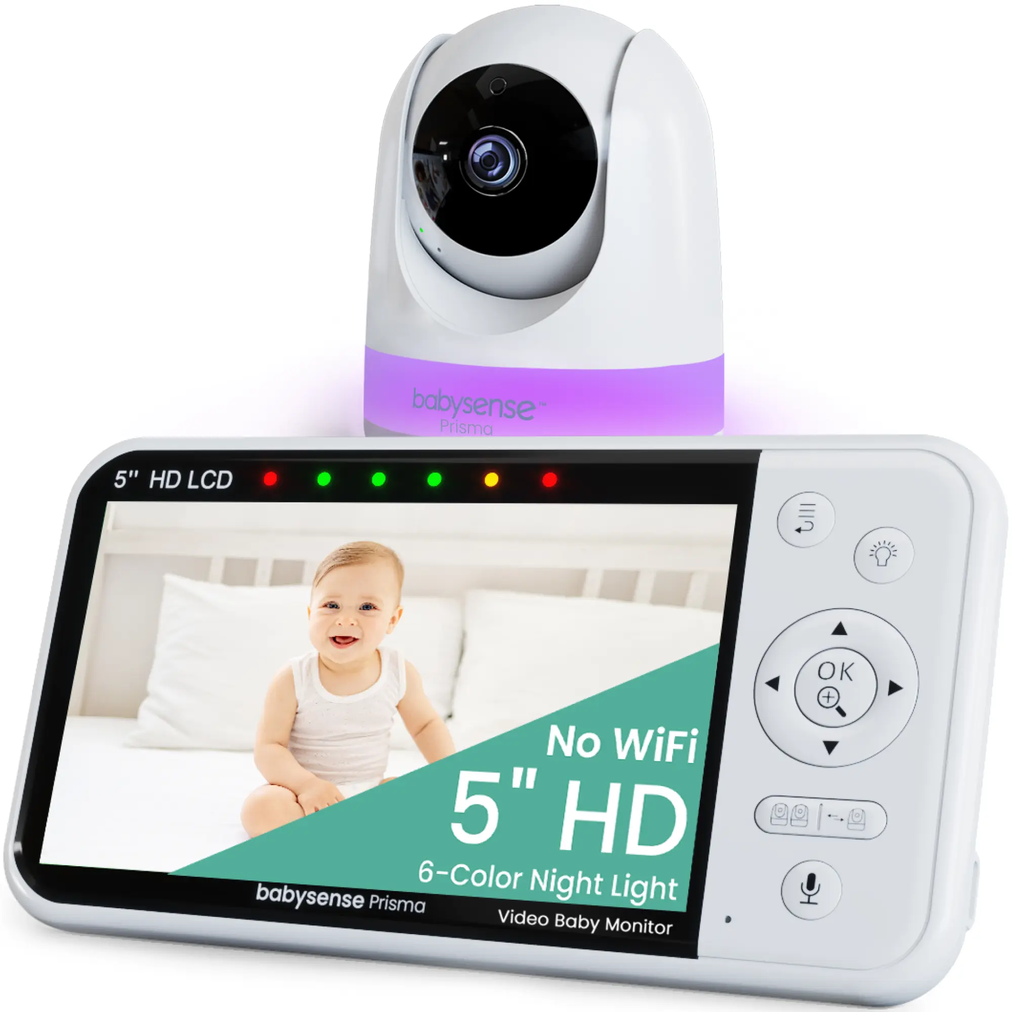 Babysense Prisma Non-Wifi Video Baby Monitor with 1 Camera, Split Screen, Night Light, Sound Machine for Nursery