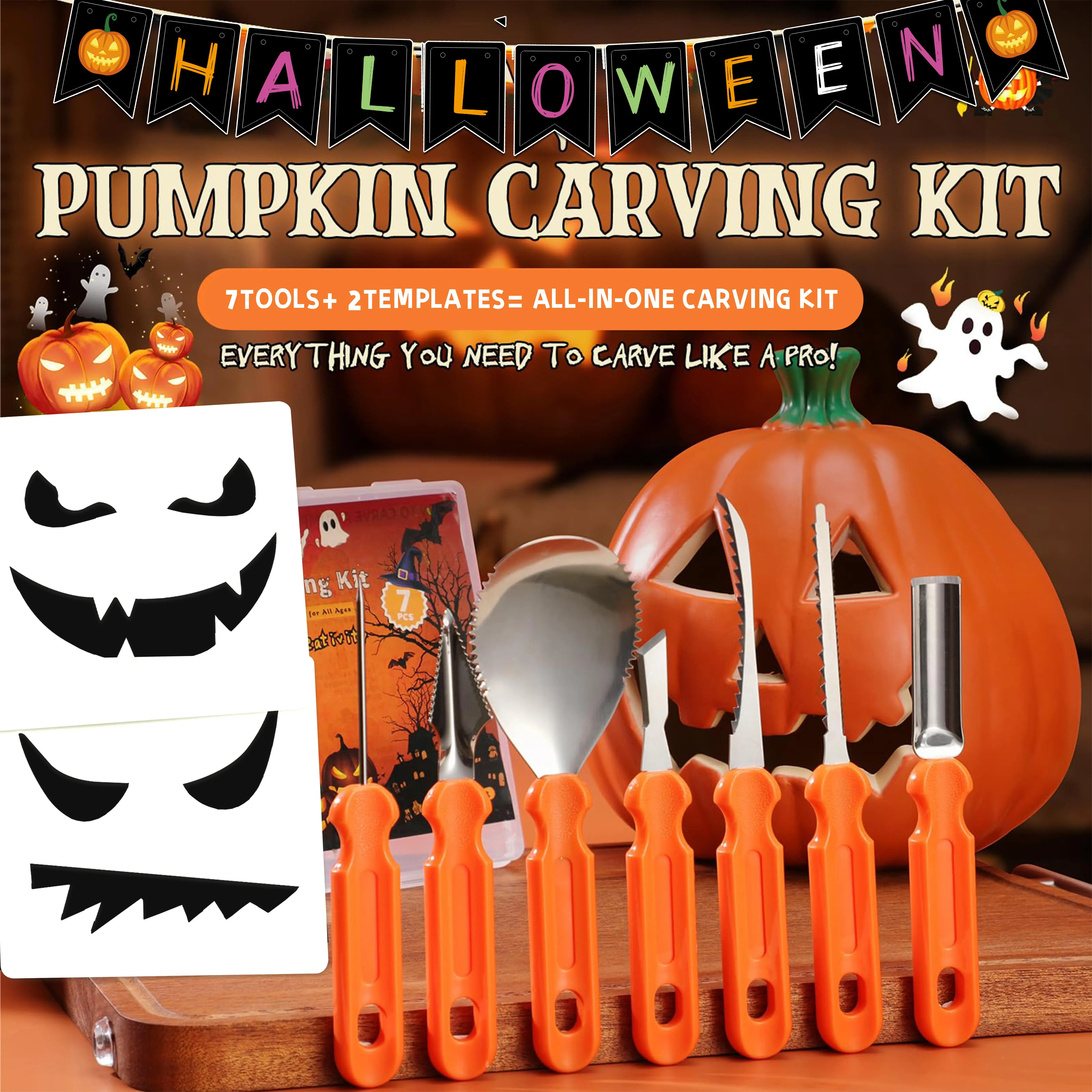 Kids' All-in-1 Halloween Pumpkin Carving Kit - Complete Home & Party Festive Decor Set with Carving Tools, LED Candles, Candy Treat Bags, Stencils, Hanging Decorations