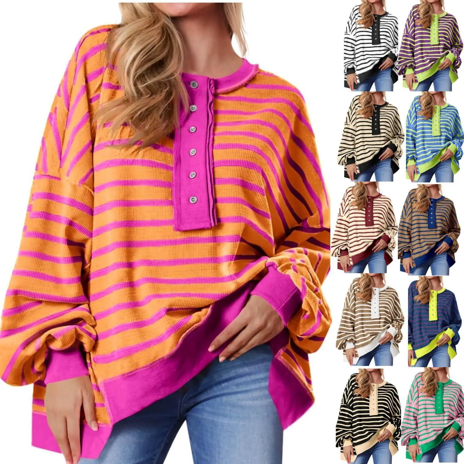 IMILY BELA Women's Oversized Striped Henley Sweatshirt, Color Block Waffle Knit Casual Pullover Top