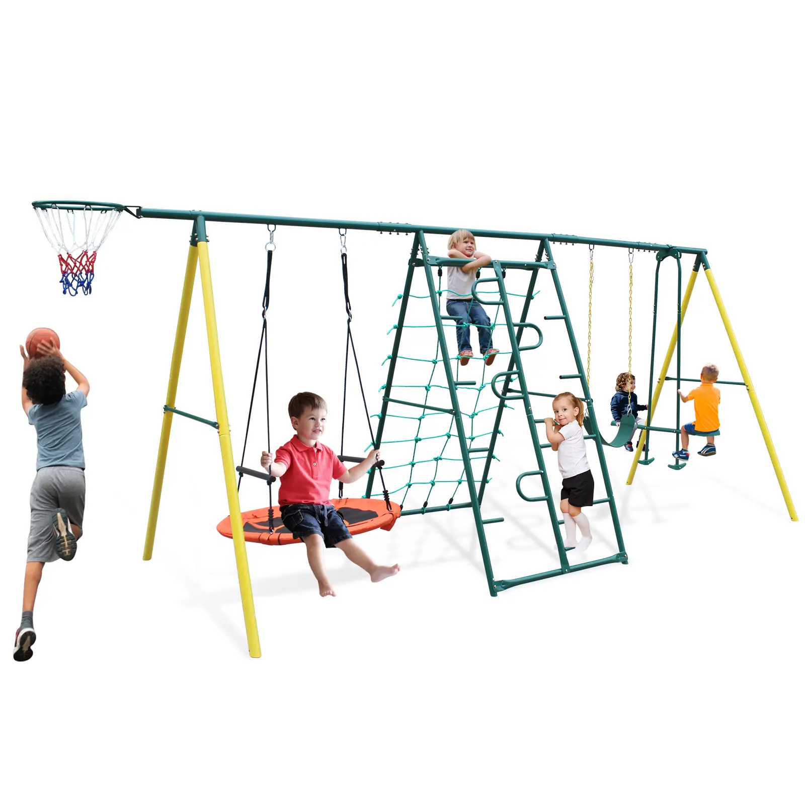 Backyard Swing Set with Climbing Net, Glider, Hammock, Belt Swing, Basketball Rim, and Climbing Frame – 6-in-1 Outdoor Playground for Kids and Family