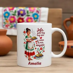 Personalized Mexican Mom Mug Custom Name Gift 50s Retro Jefa Solo Hay Una, Mother's Day Gift for Moms Funny Ceramic Coffee Cup, Sarcastic Humor Drinkware