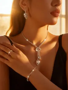 5-Piece Copper-Inlaid Crystal Bridal Jewelry Set, Simple Crystal Jewelry Set, Anniversary Gift (1 Necklace + 2 Earrings + 1 Bracelet + 1 Ring)