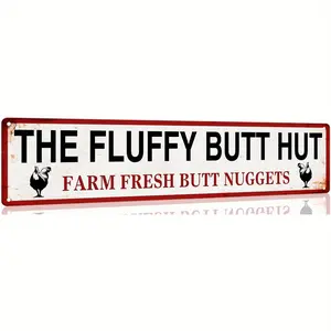 4*16 Inch Country Metal Chicken Coop Sign – "The Fluffy Butt Hut Farm Fresh Butt Nuggets", Humorous Aluminum Vintage Sign with Chicken Design, Distressed Look, Farmhouse Wall Art for Kitchen, Home, or Country Decor