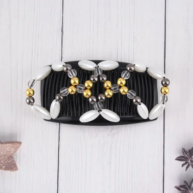 1pc [Double Clips Magic Hair Comb] Handmade Beaded Decor Stretch Comb Magic Beading Hair Comb Double Clips Hair Styling Accessories For Women