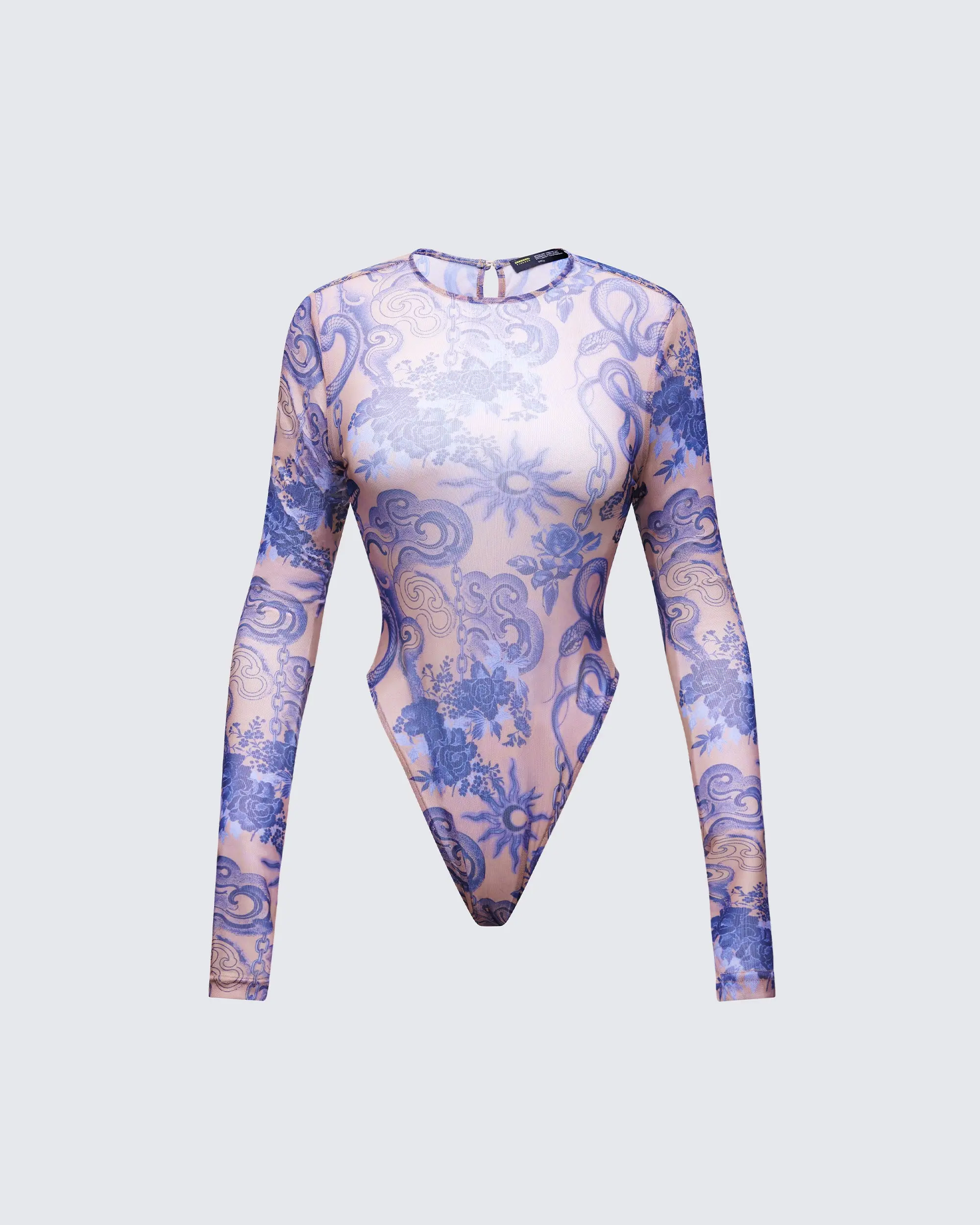 Women's Thorne Multi Mesh Tattoo Printed Long-Sleeve Bodysuit, Spandex Slip Top