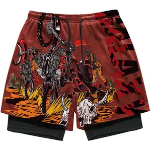 Men’s quick-dry athletic shorts with a faux two-piece design, featuring a distinctive streetwear brand print and double layers to prevent exposure. Breathable and moisture-wicking, they keep you cool and comfortable—ideal for summer gym workouts and runni