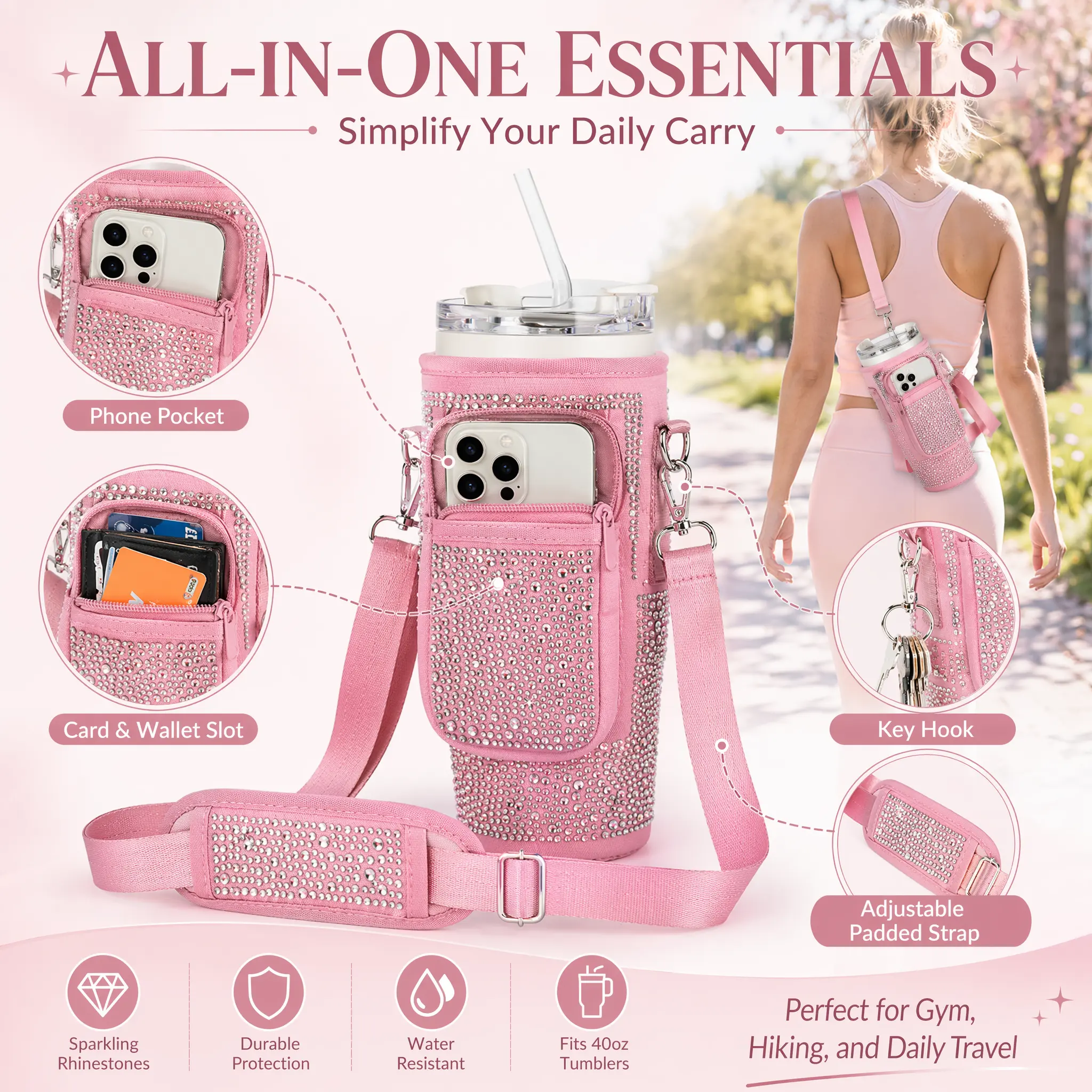 40oz Bling Rhinestone Sports Water Bottle with Insulated Beverage Holder, Crossbody Linen Carrier Pouch - Adjustable Strap, Zipper Phone Pocket, Sporty Chic Drinkware for Summer Use