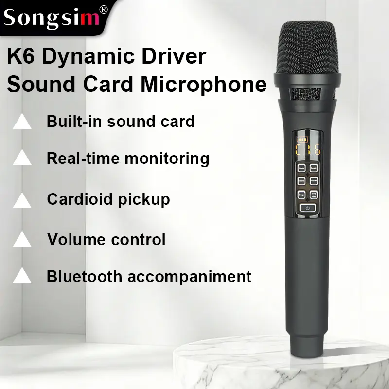 Songsim-K6 Upgraded All-in-One Handheld Microphone with Built-in Sound Card Features adjustable reverb, Bluetooth backing track,one-key ducking, and volume control. Designed for streaming, recording, singing, and content creation.
