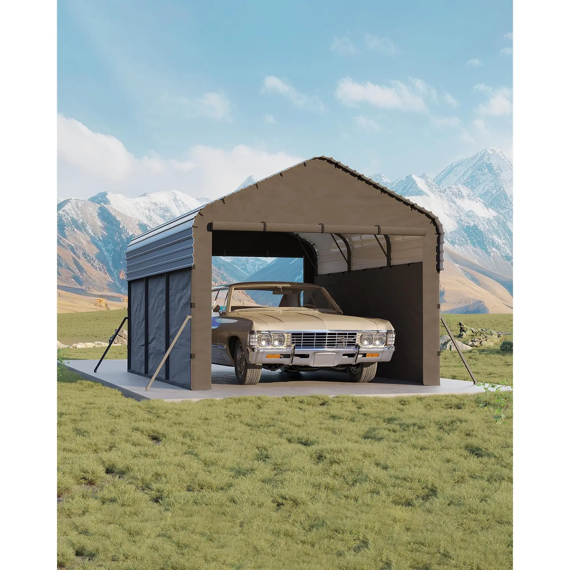 All Weather Wind Resistant Enclosed Metal Vehicle Shelter - Solid Steel Permanent Outdoor Storage Cover, Full Coverage Car Covers & Shelters for Cars, Motorcycles, ATVs