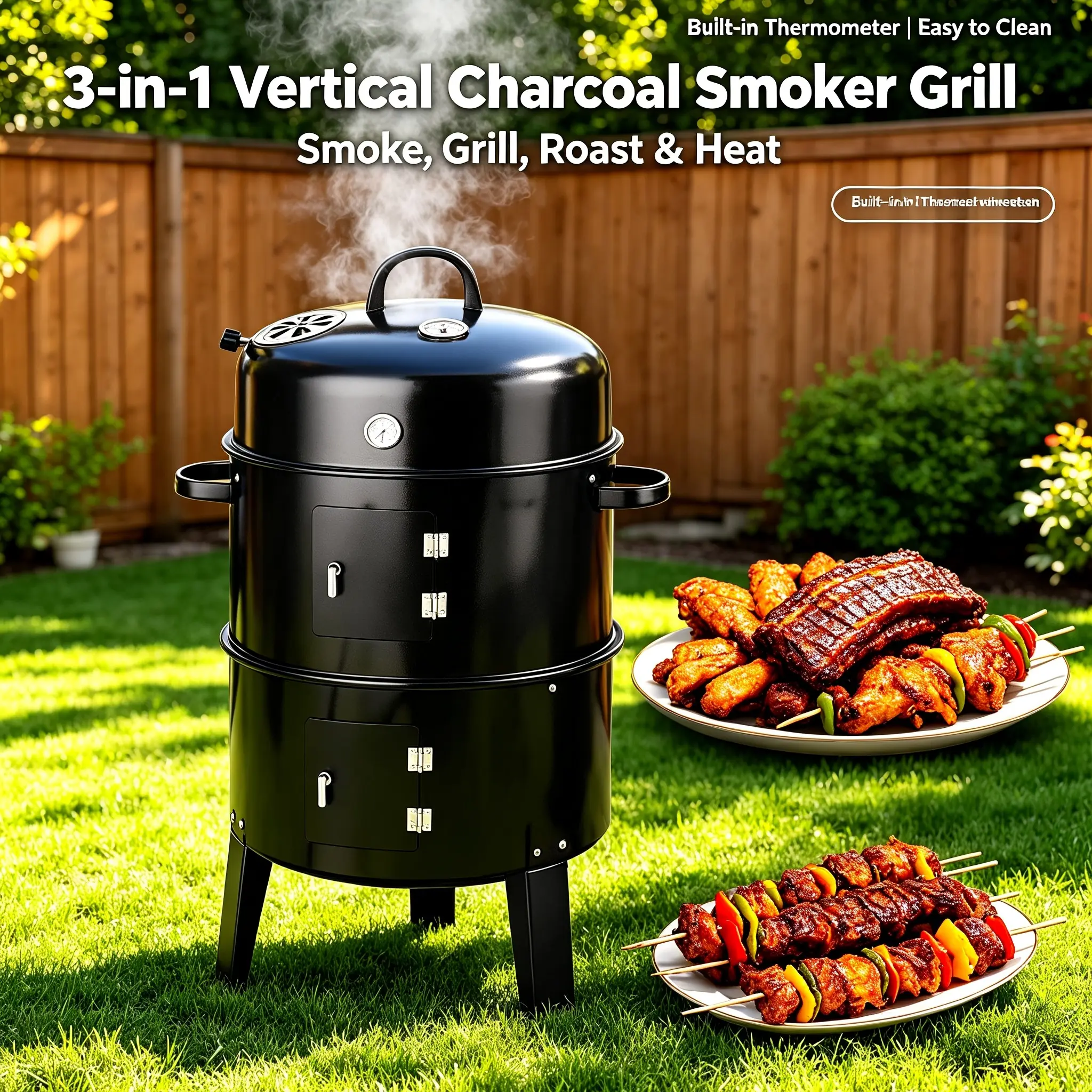 3-in-1 Vertical Charcoal Smoker Grill, 15.7" Bullet Smoker with Built-in Thermometer & Dual Cooking Racks, Heavy Duty Wood Fired BBQ Grill for Backyard Grilling Smoking Roasting, Outdoor Family Cookout Must Have Portable  Fire Pit