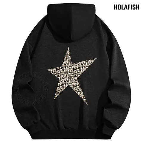 Holafish Women's Oversized Thick Cotton-Polyester Graphic Hooded Hoodie - Leopard & 5-Pointed Star Print, Fleece Pullover with Patch Pocket, Warm 2026 Winter Everyday Biking Tops Sweater Outfit Piece