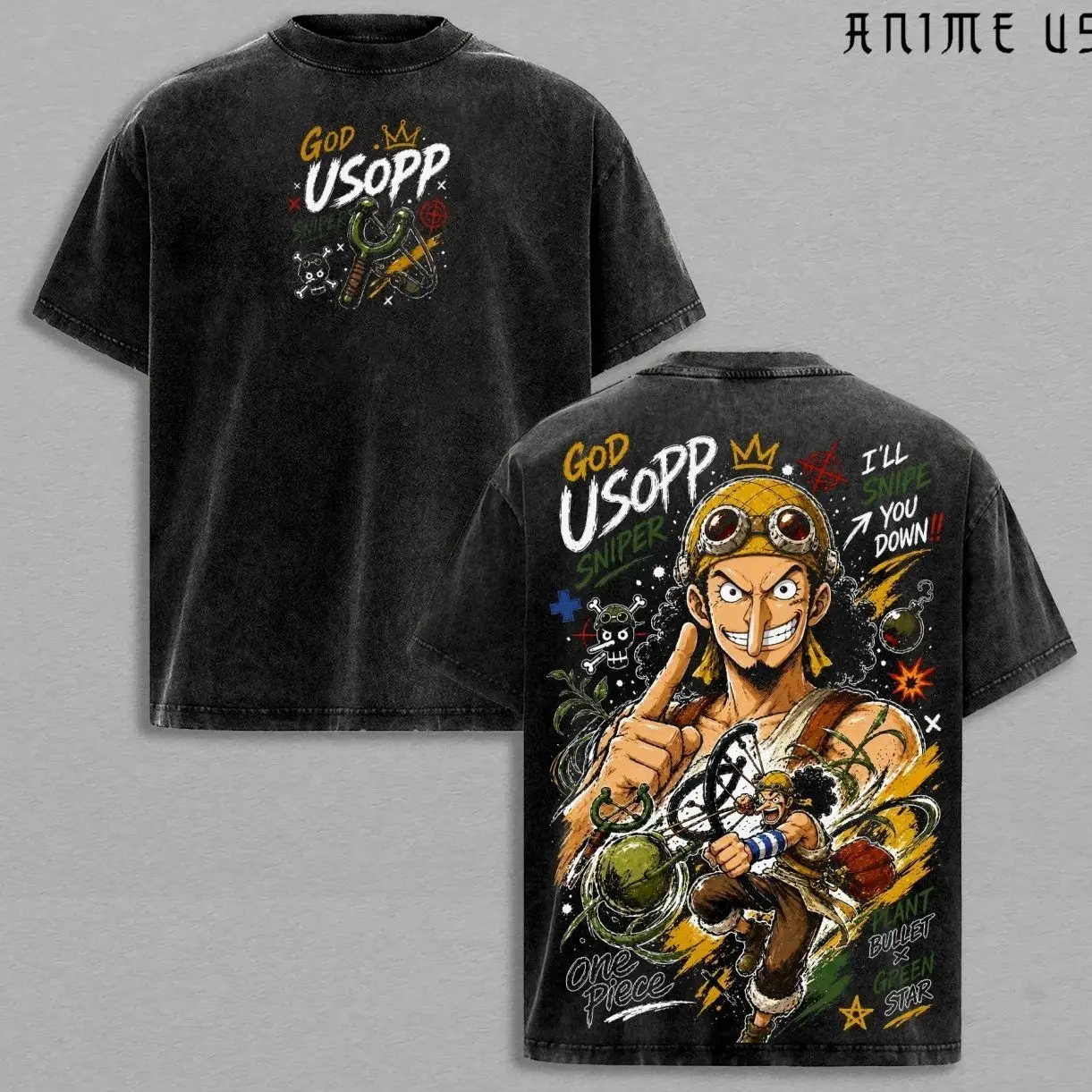 Usopp One Piece God Usopp Sniper King Anime Vintage Washed Oversized Graphic Tee Marksman Manga Streetwear Heavyweight Cotton Shirt. J7F