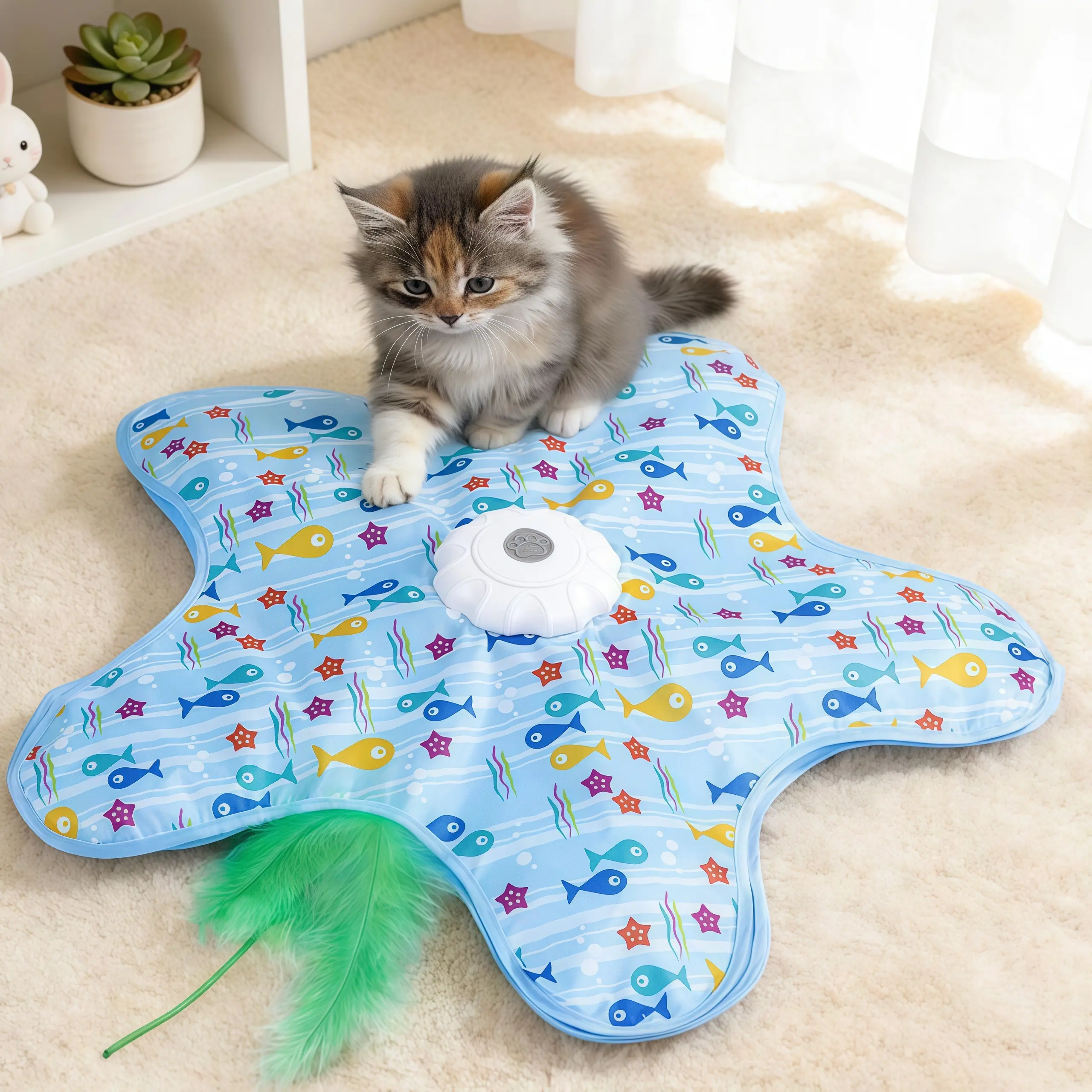 Hide and Seek Interactive Cat Toy, USB Rechargeable Automatic Moving Feather Toy, Enrichment Play Toy for Indoor Kittens and Adult Cats