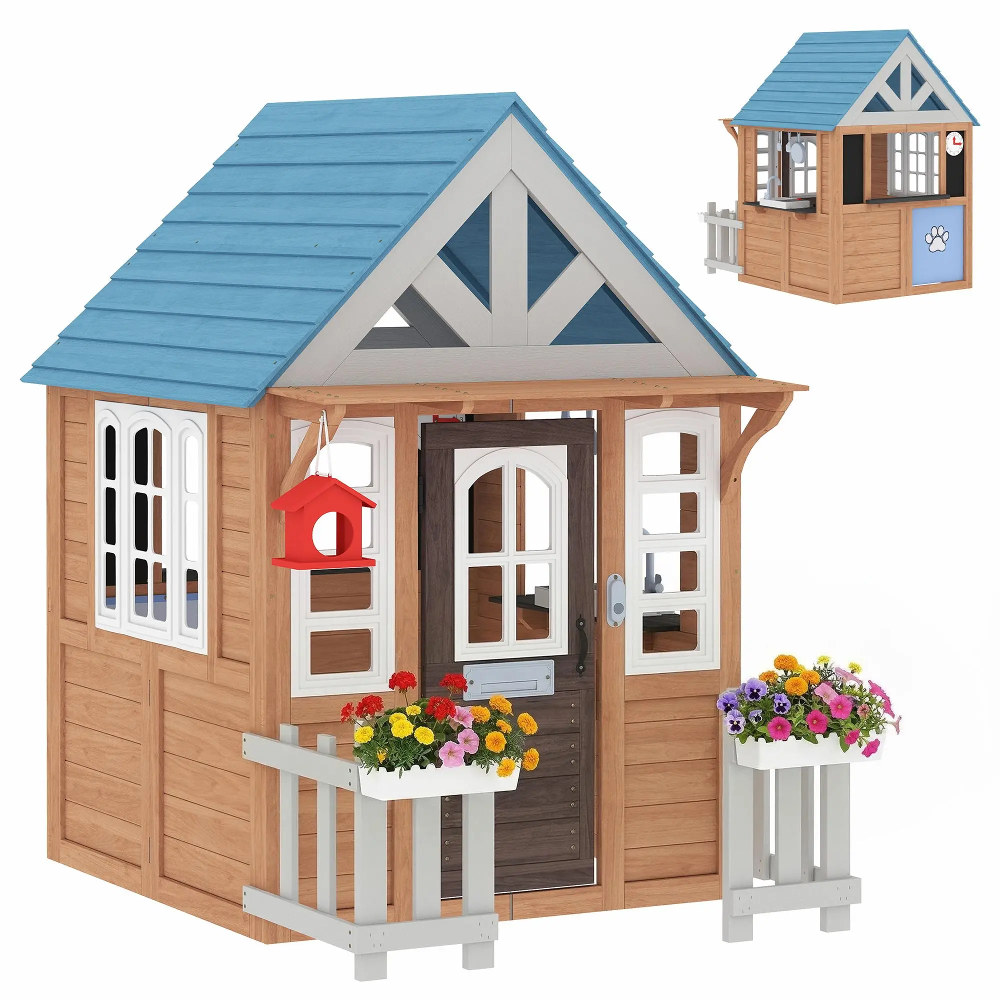 Qaba Brown Fir Wood Kids Outdoor Playhouse - Backyard Playsets, Playful Playhouses Tents & Tunnels, Outdoor Equipment with Pet Door, Play Kitchen, Mailbox, Doorbell, Birdhouse, Fence, Windows for Pretend Play, Ages 2+