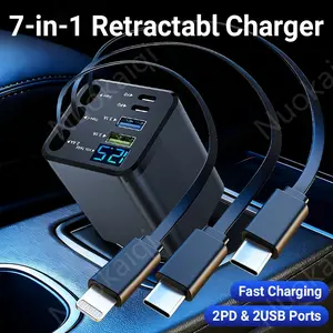 7-in-1 Car Fast Charger with 3 Retractable Cables 180° Adjustment LED Display Universal Plug for iPhone & Type-C Devices
