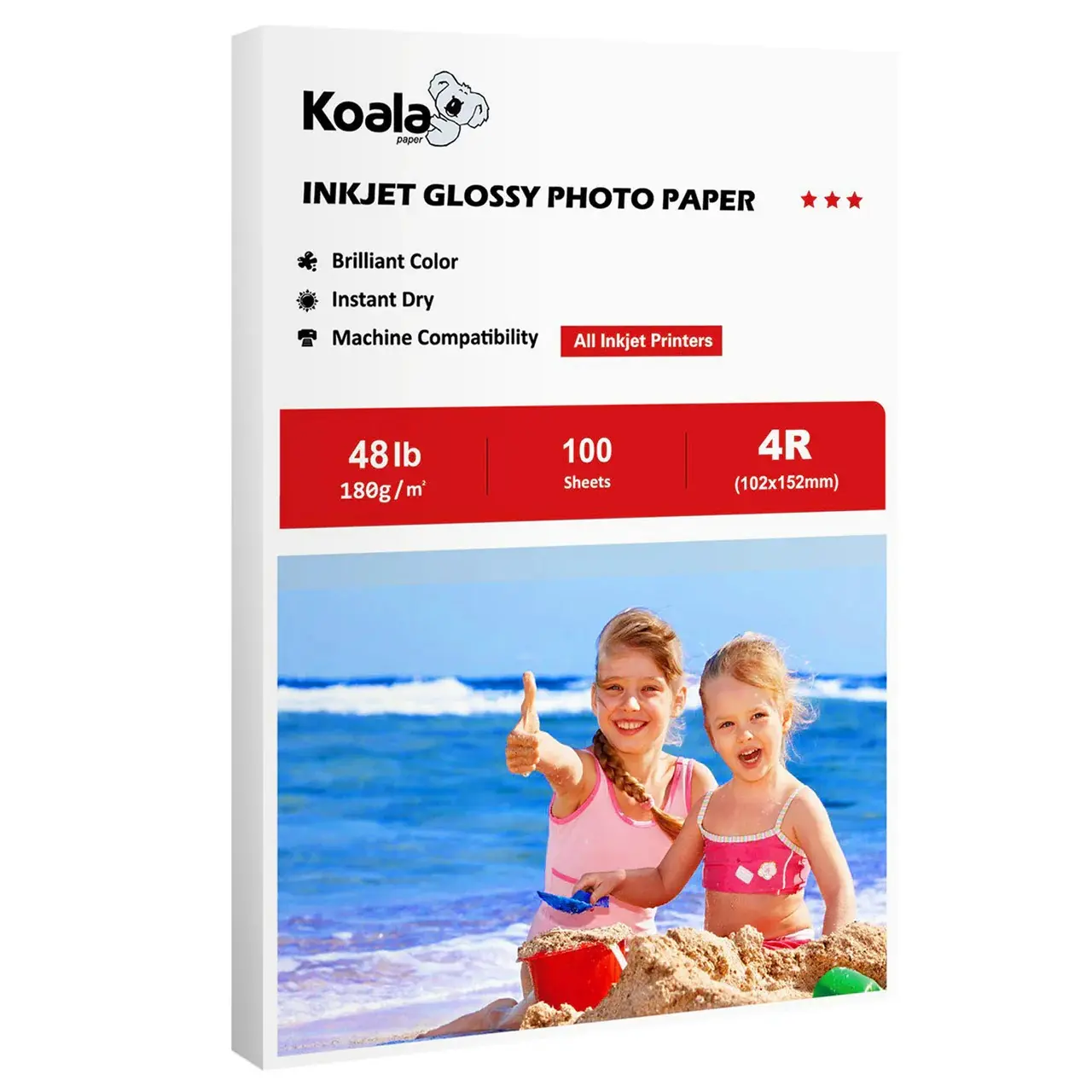 Koala Glossy Inkjet Photo Paper 48lb 180gsm 4R or 5R 100 Sheets Vivid Color Fast Dry High Color Consistency High Gloss Finish for DIY Gifts Home Photos School Projects