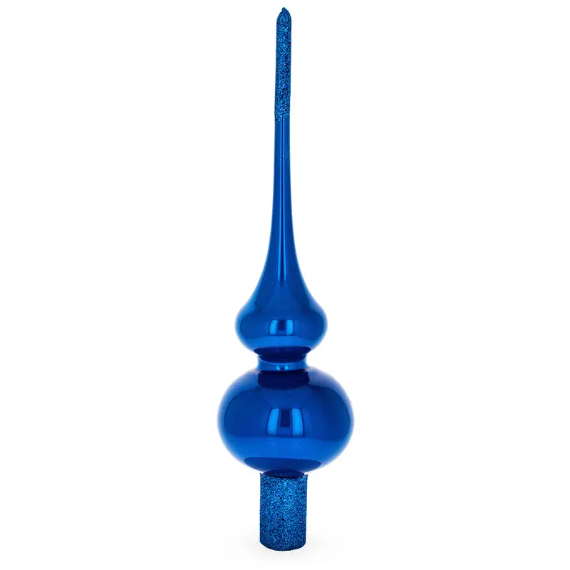 Glossy Blue with Sparkling Top Mouth Blown Glass Christmas Tree Topper 11 Inches