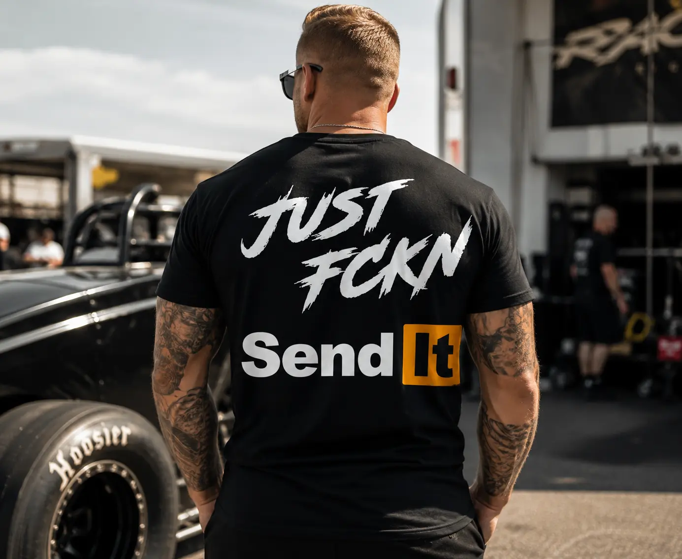 Men's Short-Sleeve T-Shirt - Funny "Just Fckn Send It" Streetwear Top, Casual Drag Racing Menswear Clothing, Shortsleeve