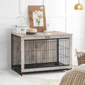 HOOBRO Dog Crate Furniture, 38.6" Large Dog Kennel Indoor, Wooden Dog Crate with Pull-Out Tray, Double Doors Dog House, Modern Side End Table for Small/Medium/Large Dog, Greige Cage for Home