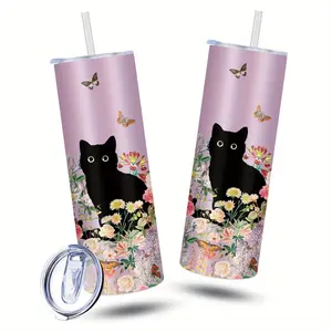 1pc Black Cats and Floral Tumbler Cup - Elegant Pink Floral background with Black Cats, Leakproof Lid & Built-in Straw Slot, BPA-Free Stainless Steel Cup for Hot/Cold Drinks, Travel, Office, Home - Perfect Gift for Cat Lovers