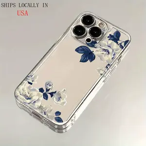 Top and Bottom Blue Leaf White Flower Pattern Transparent Black Mobile Phone Case with Accurate Hole Position Space Shell Suitable for iPhone16 15 Package Soft Shell - Fashionable Trendy Design Protection Protective Cover Cellphone