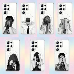 Retro-style phone case –  magnetic protective case. This K-Pop concert-themed product features a retro black and white aesthetic and an artistic boy band design, specially created for ARMYs. (Compatible with all Samsung models)
