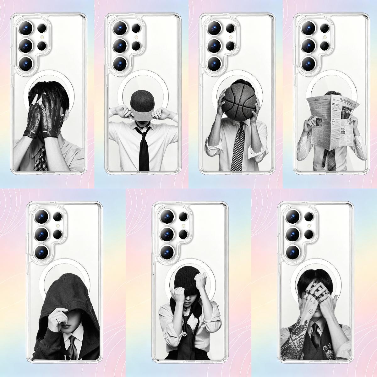 Retro-style phone case –  magnetic protective case. This K-Pop concert-themed product features a retro black and white aesthetic and an artistic boy band design, specially created for ARMYs. (Compatible with all Samsung models)