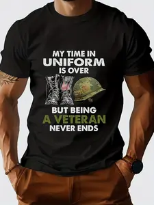 's Military Veteran T-Shirt - "My Time in Uniform is Over But Being a Hero Never Ends" Army Navy Air Force Marine Corps Insignia Design, Black with White Print, Casual Crew Neck Cotton Blend Tee for Veterans, Soldiers, Family Gifts