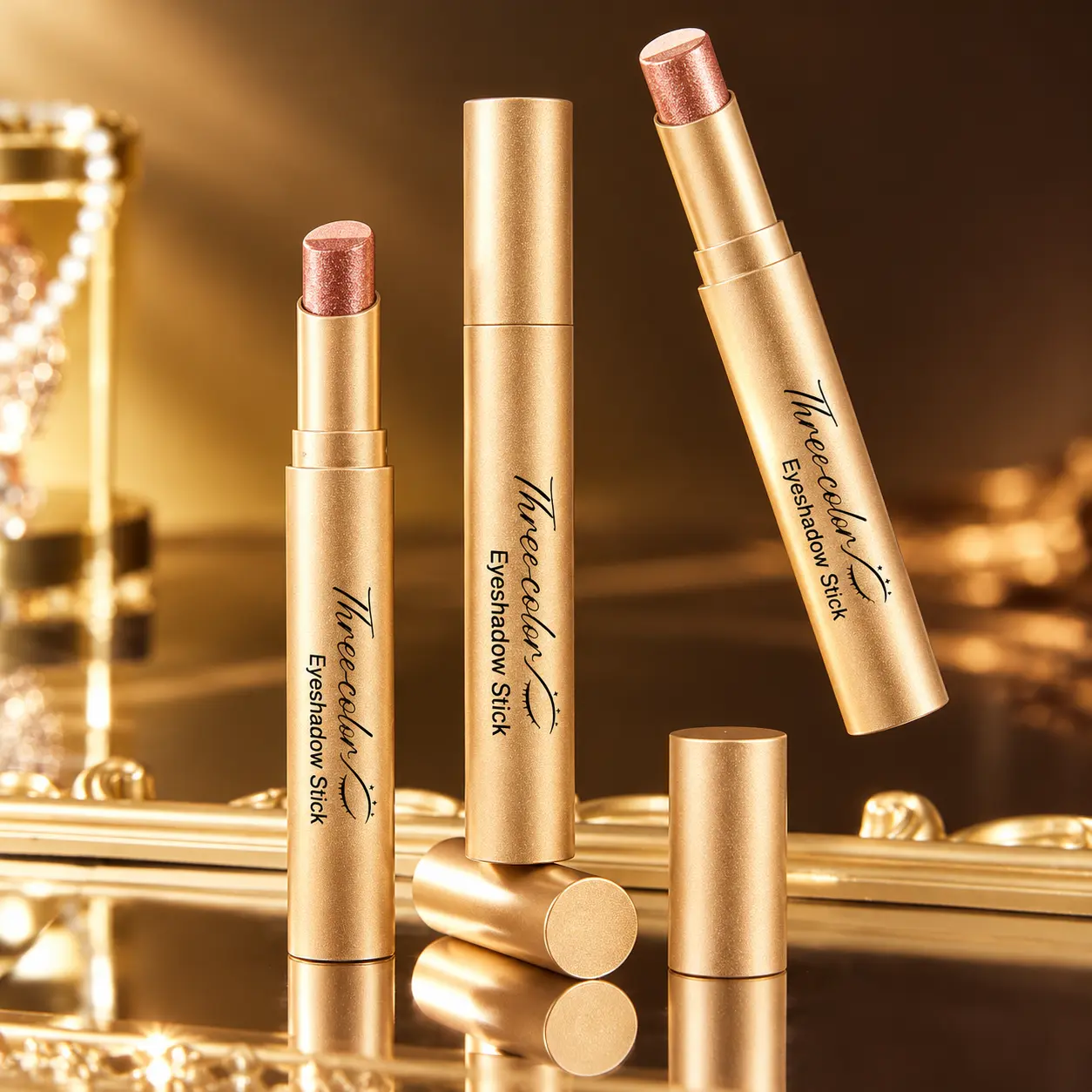 3PCS Tri-Color Gradient Eyeshadow Stick Cosmetic Set, 3-in-1 Creamy Shimmer Eye Shadow, Easy-to-Blend, Smooth Application, Natural Glitter Finish, Quick Eye Makeup for Beginners, Everyday & Party Looks