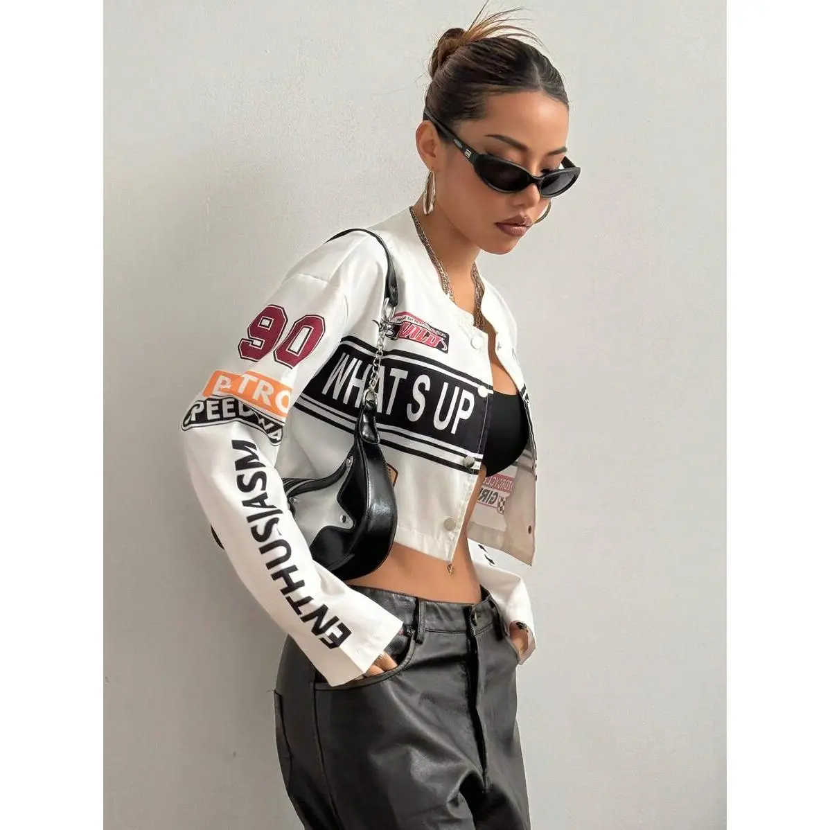 StreetHx Women's Streetwear Motorcycle Cropped Jacket,Ladies Spring/Fall Casual Button Front Drop Shoulder Stand Collar Loose White Colorblock,Letter Women Lightweight Jackets,Casual Daily Wear