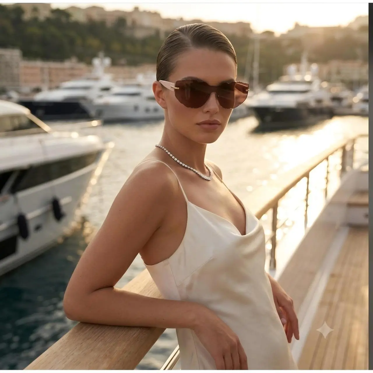 Oscar de la Renta Pink Rimless Shield Sunglasses Gold Rose Brown Scalloped
