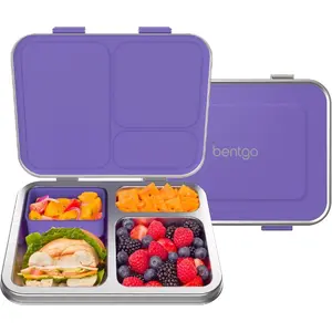 Bentgo Kids Stainless Steel Leak-Resistant 3-Compartment Lunch Box with Bonus Silicone Container, Durable, Eco-Friendly, Dishwasher Safe, BPA-Free, Ideal for School, Ages 3+ (Purple)