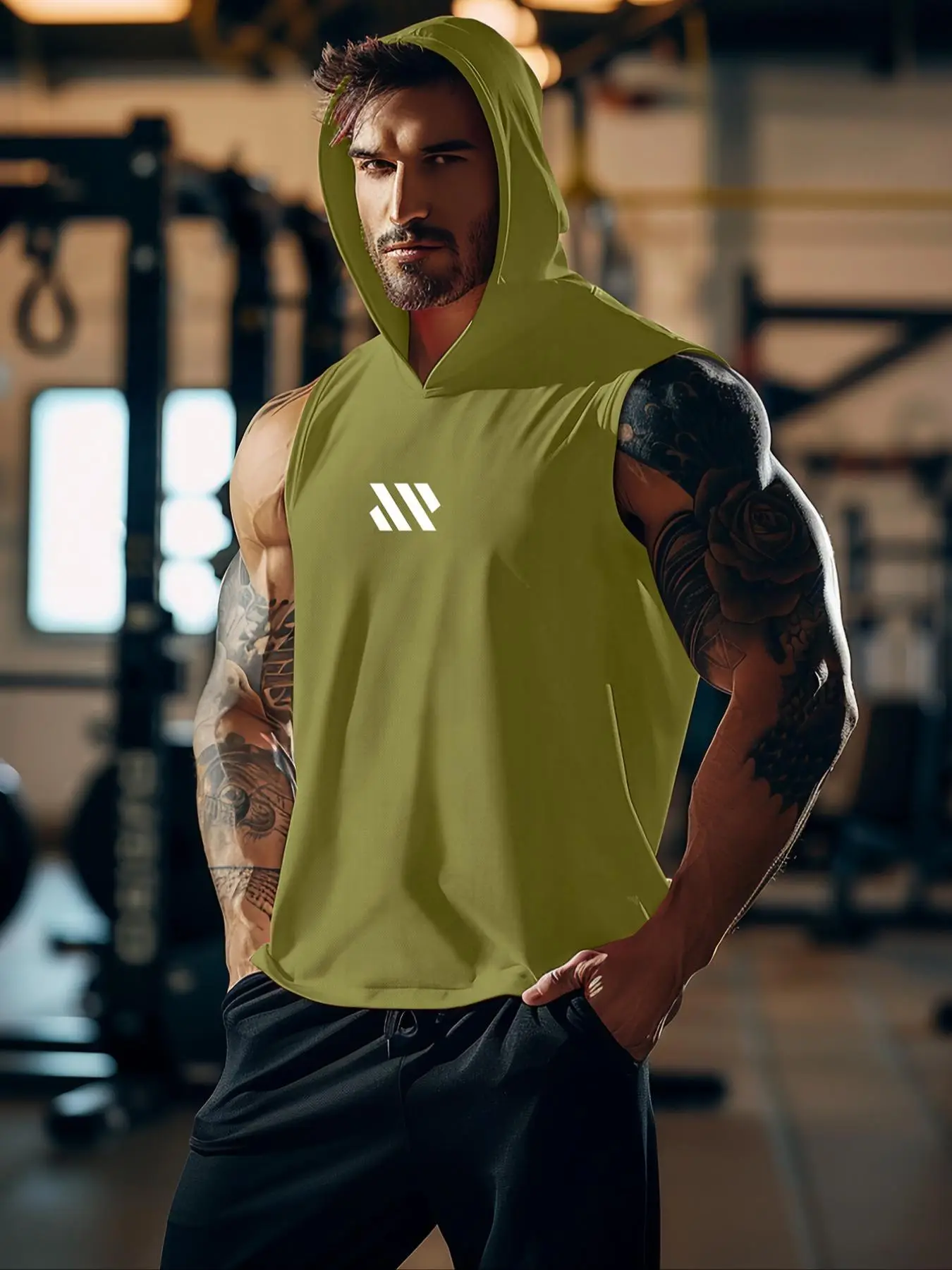 Men's Regular Fit Geometric Print Hooded Cycling Tank Top, Comfy Breathable Sleeveless Sports Top for Gym Workout Running, Activewear & Sportswear for