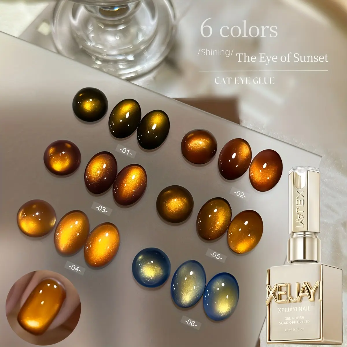 XEIJAYI Photo Frame Bottle “Sunset Gaze” 6-Color Set — New Trending Ultra-Bright Amber Series Cat Eye Gel Nail Polish Set for Autumn/Winter Fashion Salon Art, DIY Design