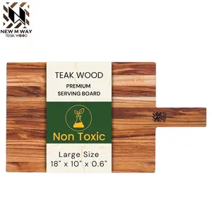 Teak Wood Charcuterie Board 18" x 10" x 0.6" Large Thin Cutting Board with Long Handle for Serving Cheese, Kitchen Prep & Display, Lightweight Non-Toxic Natural Paddle Board by New M Way