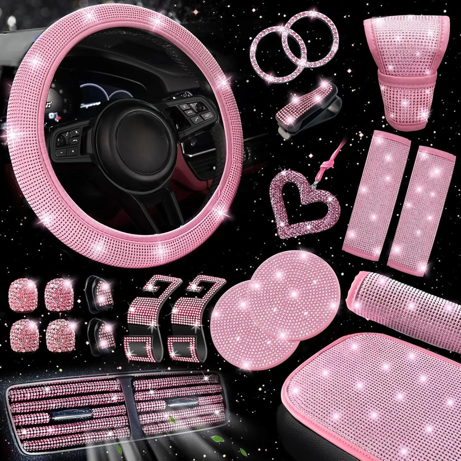 30 Pcs Pink Bling Car Accessories Set for Women, Pink Steering Wheel Cover Set, Bling Console Cover, Seat Belt Cushion, Shift Knob Cushion, Cup Coaster, Rhinestone Car Hanging Accessories