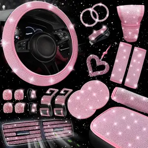 30 Pcs Pink Bling Car Accessories Set for Women, Pink Steering Wheel Cover Set, Bling Console Cover, Seat Belt Cushion, Shift Knob Cushion, Cup Coaster, Rhinestone Car Hanging Accessories