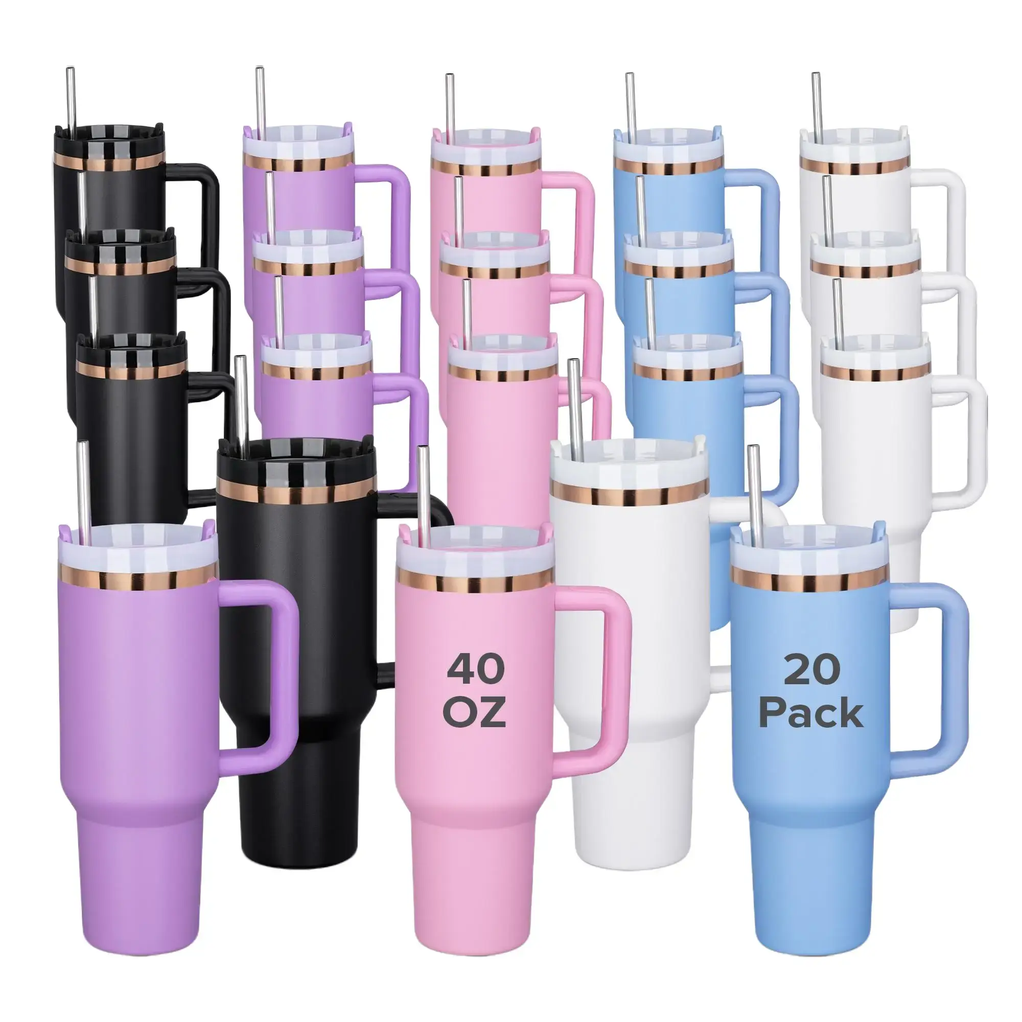 FASTSUB 40oz Powder Coated Tumbler with Bright Copper Edge, Detachable Handle and Straw, 20 Pack Stainless Steel Travel Coffee Mugs, Black, White & Multi-Color Options, Tumblers for Personalized Laser Engraving