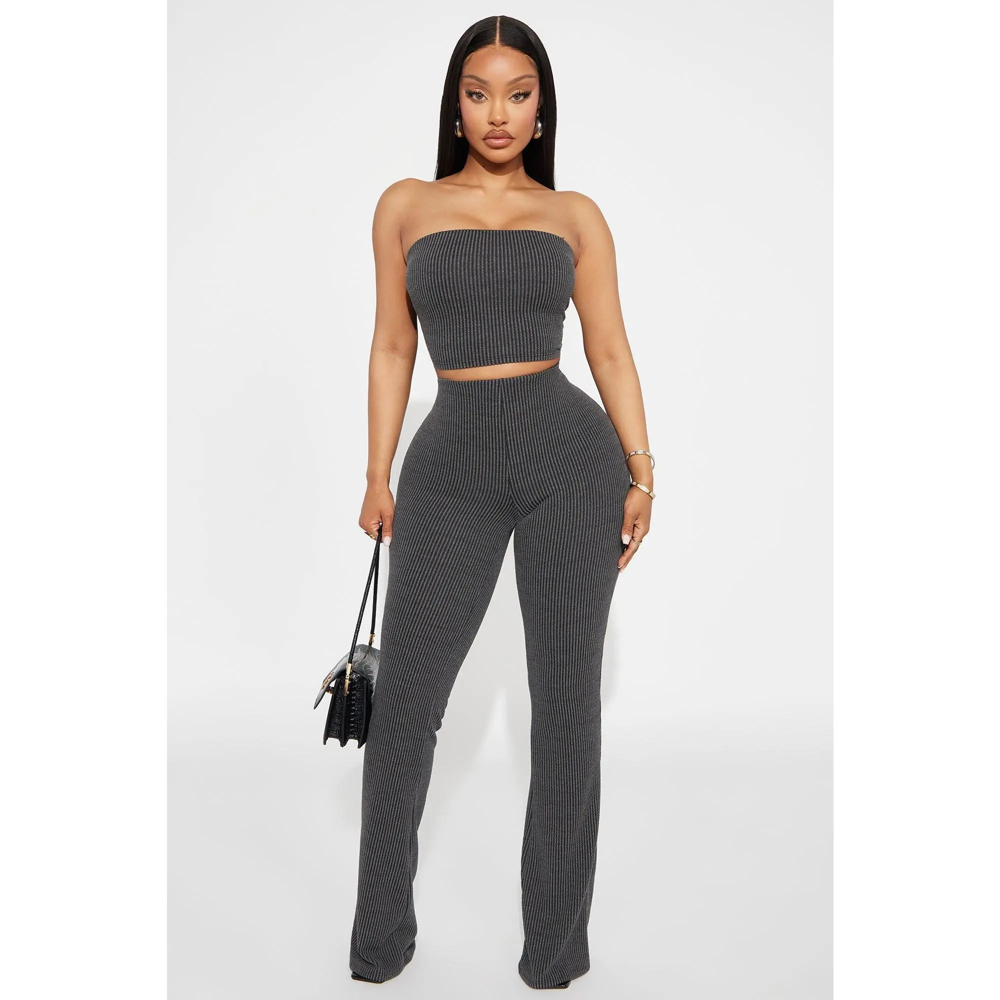 Reya Ribbed Pant Set - Charcoal