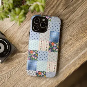 Country Blue Patchwork Fabric iPhone Case, Durable Two-In-One Design for iPhone Models 11-16 Series, Elegant Shockproof Gift Idea