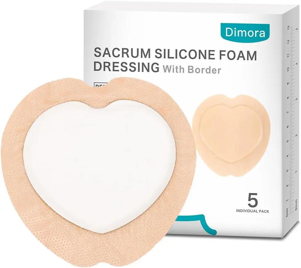 Dimora Sacrum Silicone Foam Wound Dressing, Silicone Adhesive Border, 7.08in x 7.08in Waterproof Absorbent Breathable Pads, 5 Pieces Individually Wrapped Bandage Material Plasters & Dressing Supplies for Bed Sore Pressure Care, Individually Wrapped Plaste