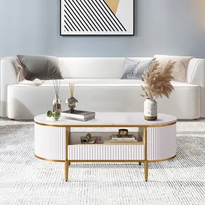 Oval Shaped Fluted Coffee Table,47.24" Fluted Design with Faux Marble Top, Curved Profile & Gold Metal Legs, White Center Table for Living Room, Stylish Sofa Table with Hidden Compartment