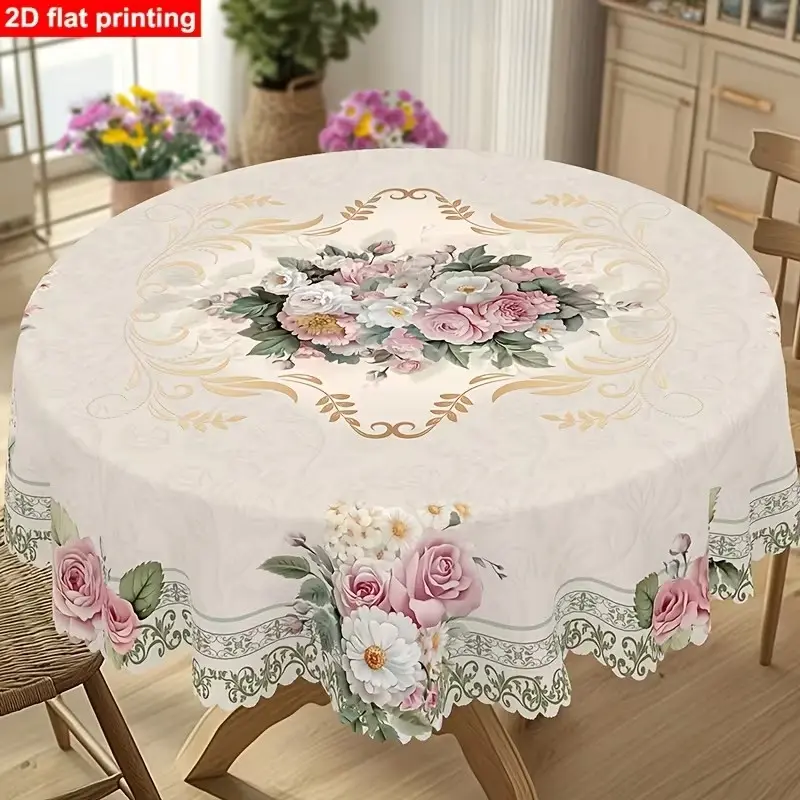 2D Flat Party Tablecloth 1pc, Round, Wavy Edge, Romantic Vintage Rose Daisy Pattern, French Elegant Aesthetic Floral Print Design, Indoor Outdoor Use, Home Decor