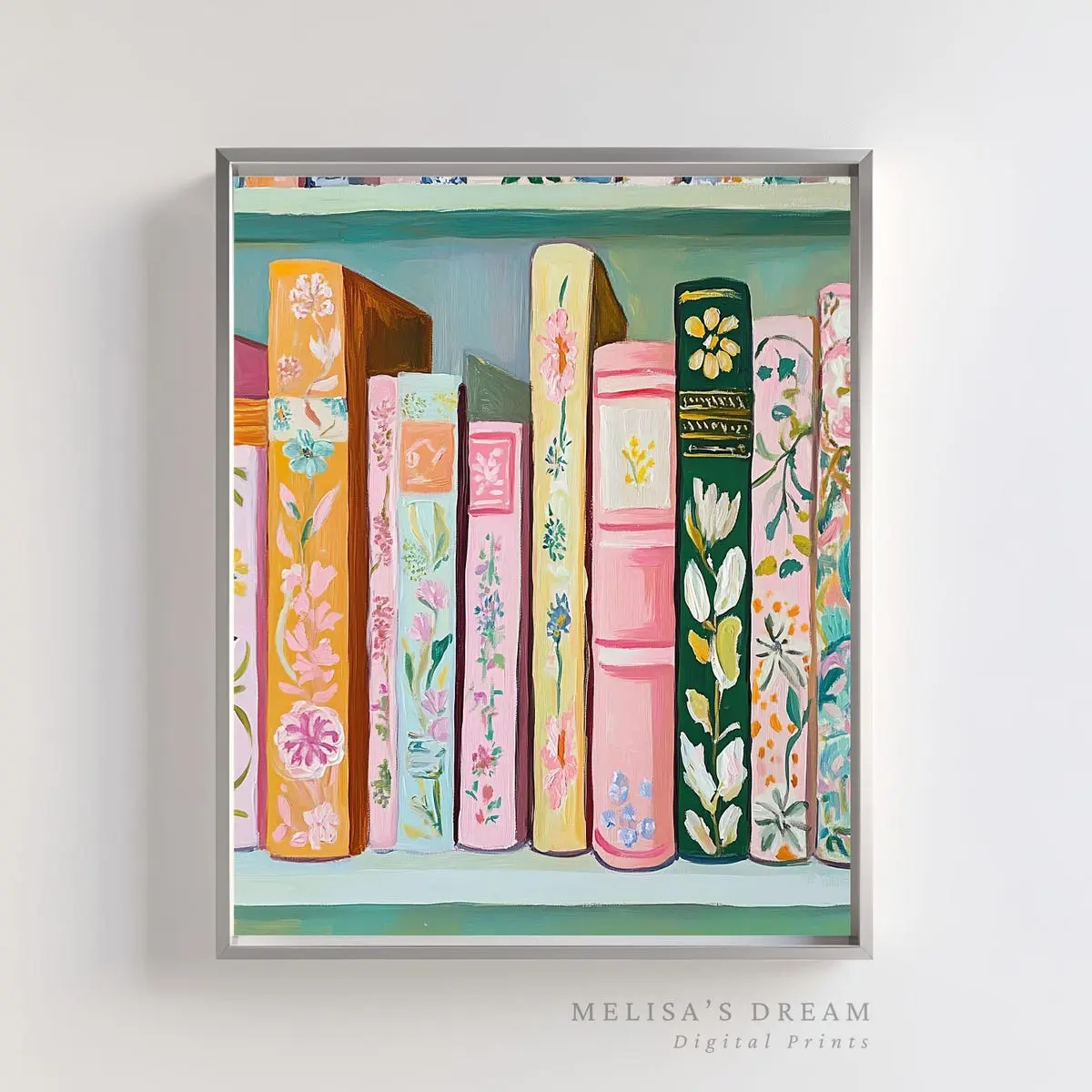 Whimsical Bookshelf Wall Art, Pastel Book Stack Print for Book Lover Reading Nook, Cozy Room Decor, Unframed
