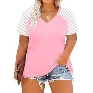 ROSRISS Women's Plus-Size V-Neck Striped Raglan T-Shirt - Summer Short-Sleeve Rayon Fabric Lady Clothes, Stretchy Casual Pi Top (Style 0106) tiktokshopspringglowup