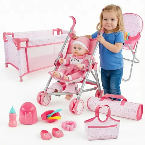 deAO Doll Stroller Crib Bed Nursery Role Play Set Doll Accessories and Play Mat,Travel Cot,Bouncer,Foldable Stroller and Travel Bag #sohochic