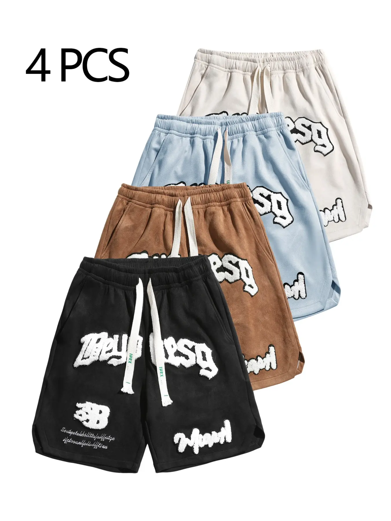 Men's Summer Shorts Set, 4 Pcs Embroidered Soft Suede Lounge Pants, Loose Fit Streetwear Style, Trendy American Vintage Design