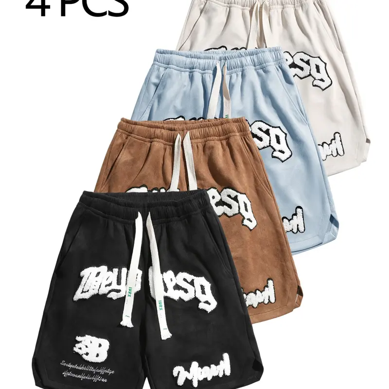 Men's Summer Shorts Set, 4 Pcs Embroidered Soft Suede Lounge Pants, Loose Fit Streetwear Style, Trendy American Vintage Design