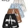 Men's Summer Shorts Set, 4 Pcs Embroidered Soft Suede Lounge Pants, Loose Fit Streetwear Style, Trendy American Vintage Design